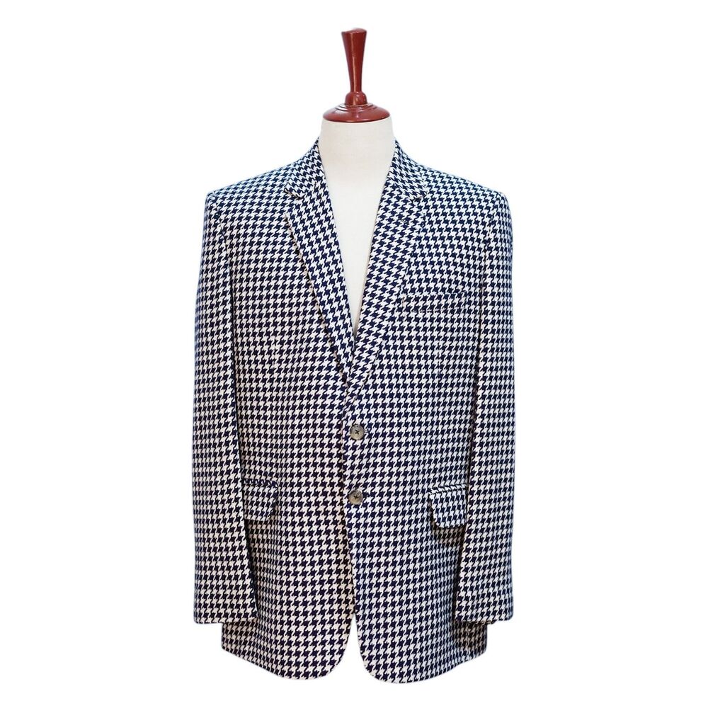 Mens Wool Sport Coat Blazer 44R Navy Ivory Houndstooth Business Wedding Jacket